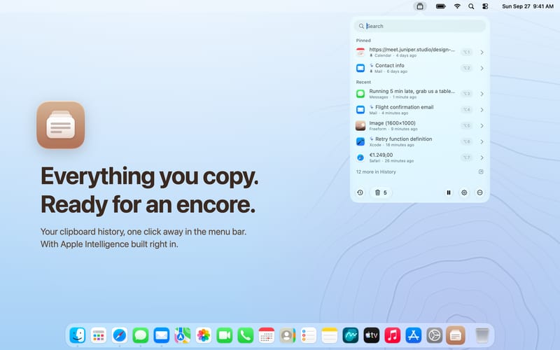 Encore’s menu bar popover on a Mac desktop, listing pinned and recent clippings with the apps they came from. The headline reads: Everything you copy. Ready for an encore.