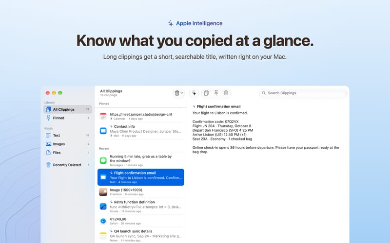 Encore’s History window. Long clippings carry short titles such as Flight confirmation email and Retry function definition. The headline reads: Know what you copied at a glance.