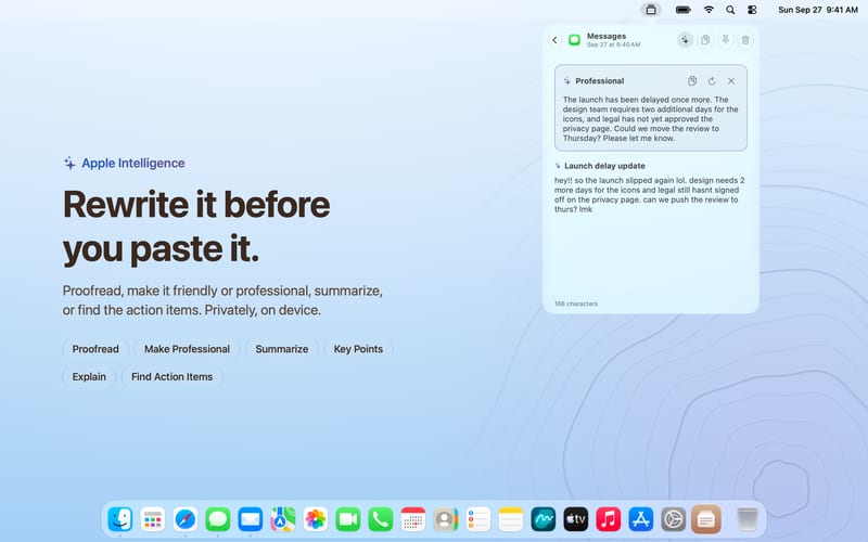 A casual message, rewritten by Apple Intelligence into a professional one, inside Encore’s popover. The headline reads: Rewrite it before you paste it.
