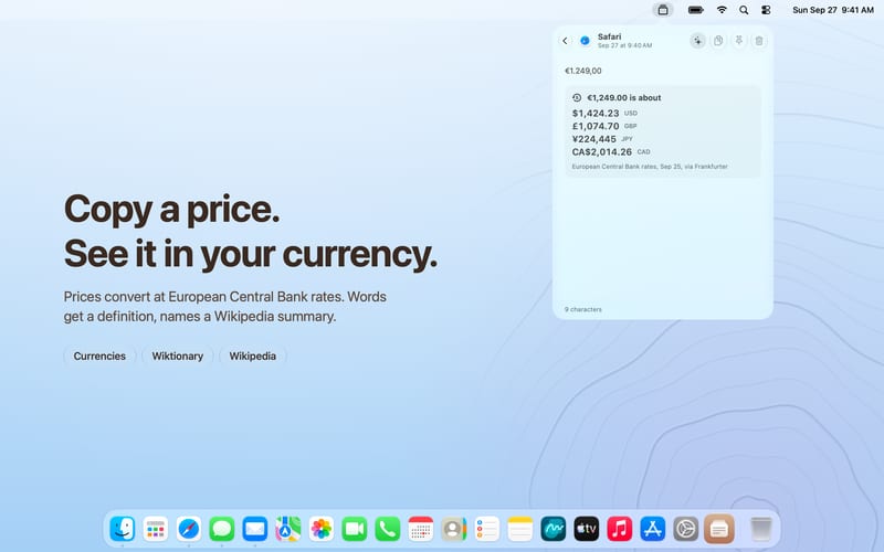 A copied price of 1,249 euros, converted to US dollars, pounds, yen and Canadian dollars at European Central Bank rates. The headline reads: Copy a price. See it in your currency.