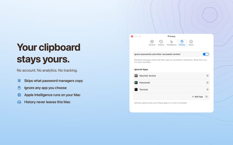 Encore’s Privacy settings, ignoring passwords and apps such as Keychain Access and Terminal. The headline reads: Your clipboard stays yours. No account. No analytics. No tracking.